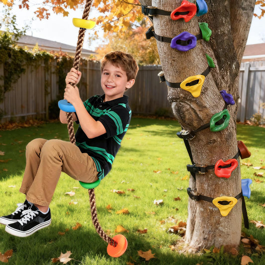 TOPNEW ninja tree climbing holds set showing secure grip for outdoor climbing adventure