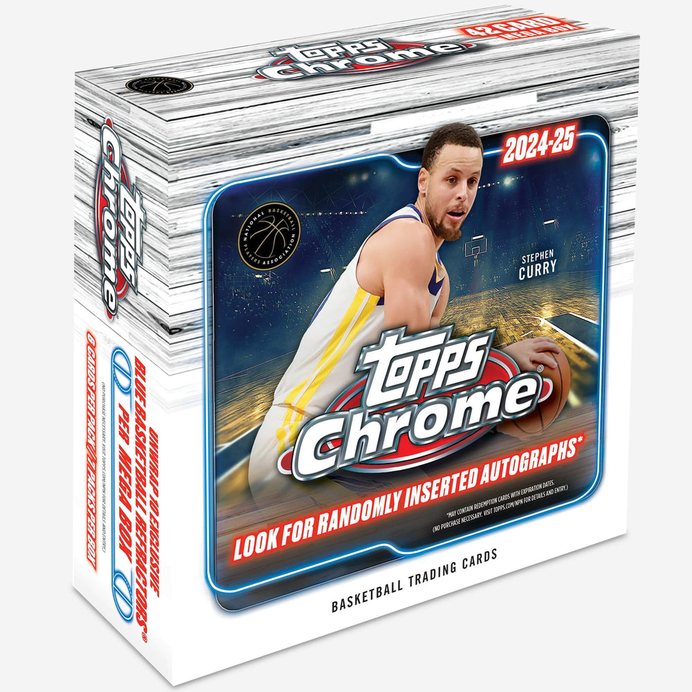 Topps Chrome Basketball Mega Box front view for premium collection setup.