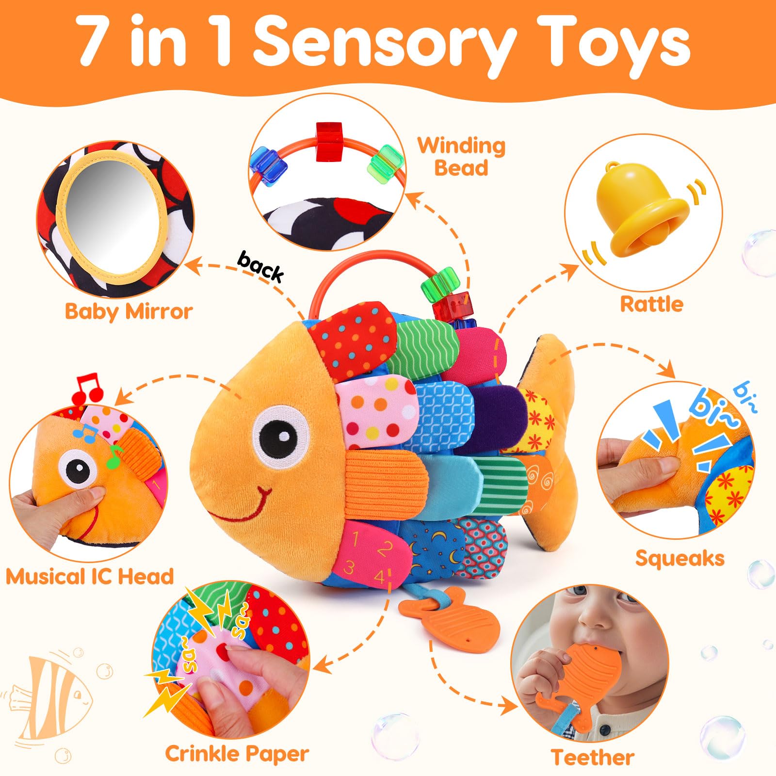 Topsochir baby sensory fish toy back mirror promotes gaze and self-awareness during play.