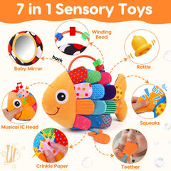 Topsochir baby sensory fish toy back mirror promotes gaze and self-awareness during play.