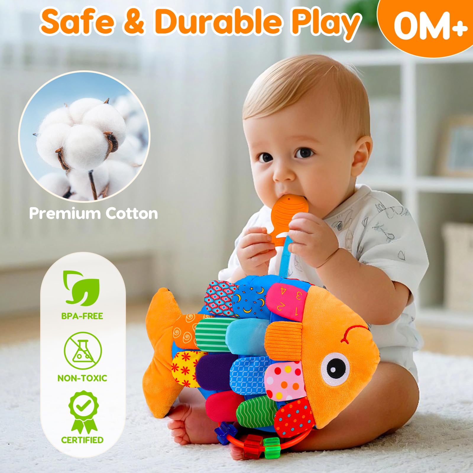Topsochir fish toy teether beads provide soothing relief during teething and grasping practice.