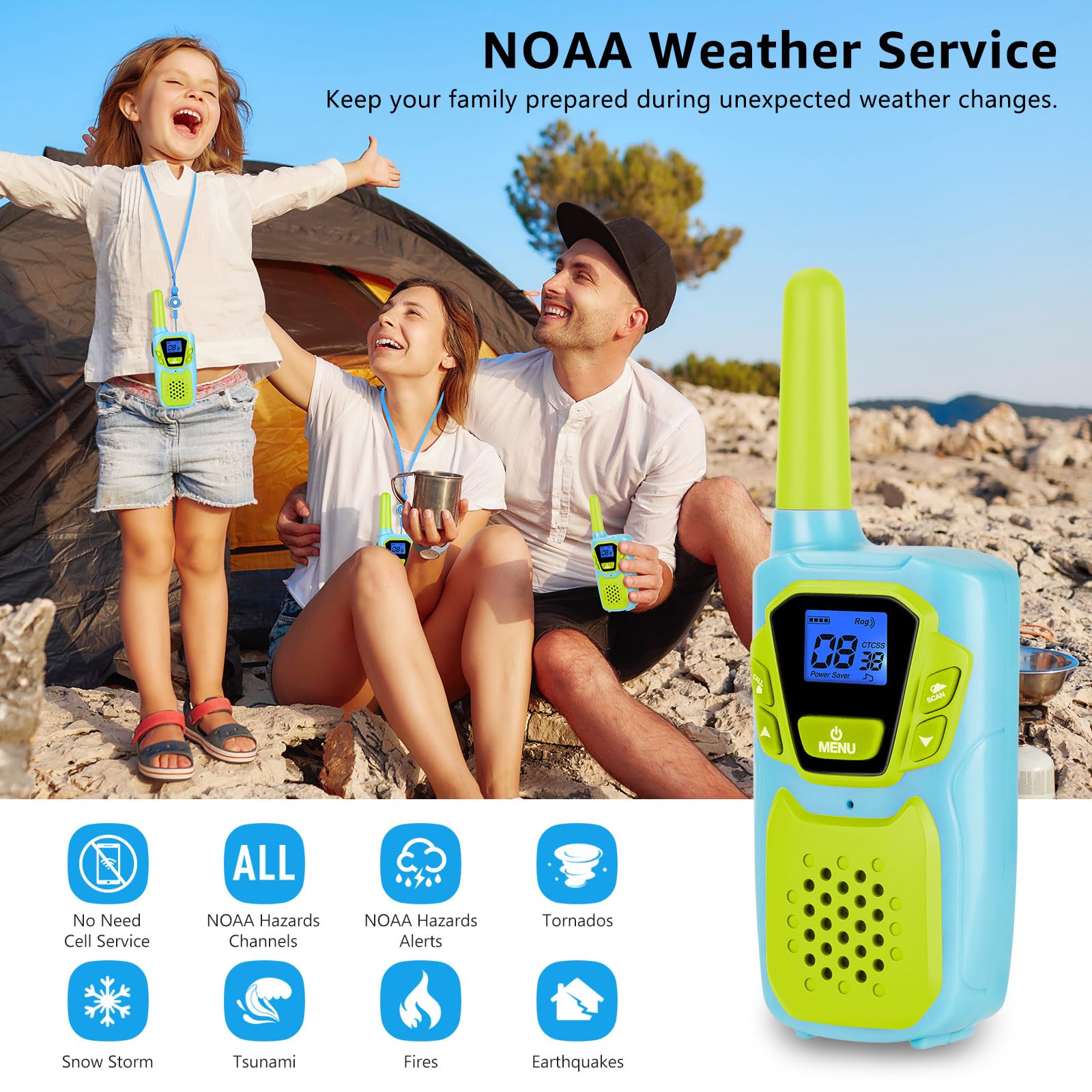 Topsung walkie talkies NOAA alert feature, ready for all weather outdoor activities.