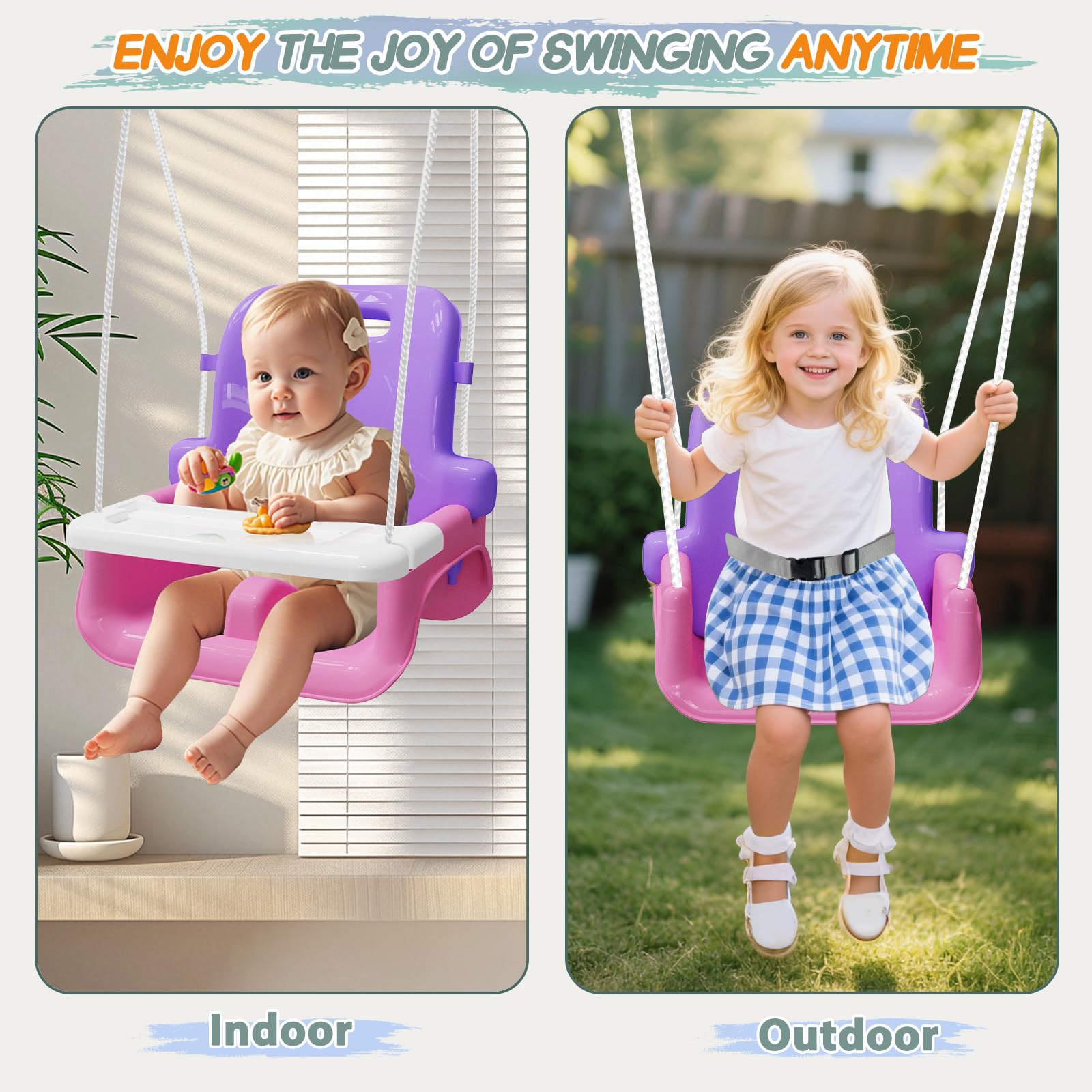 TOREVSIOR tray feature gives younger children extra support during swings.