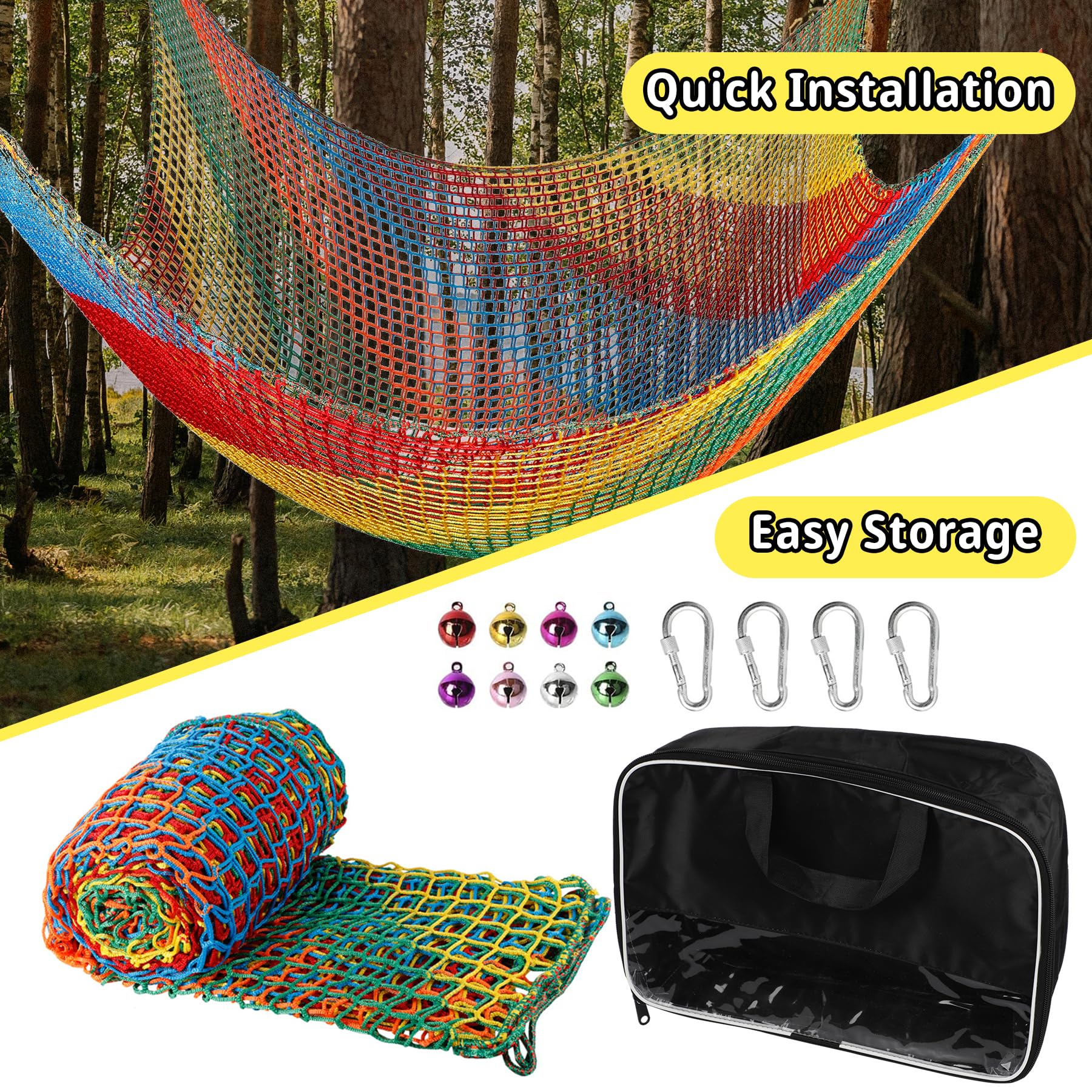 Toriexon multi-scene climbing net features tree house, hammock, and swing use.