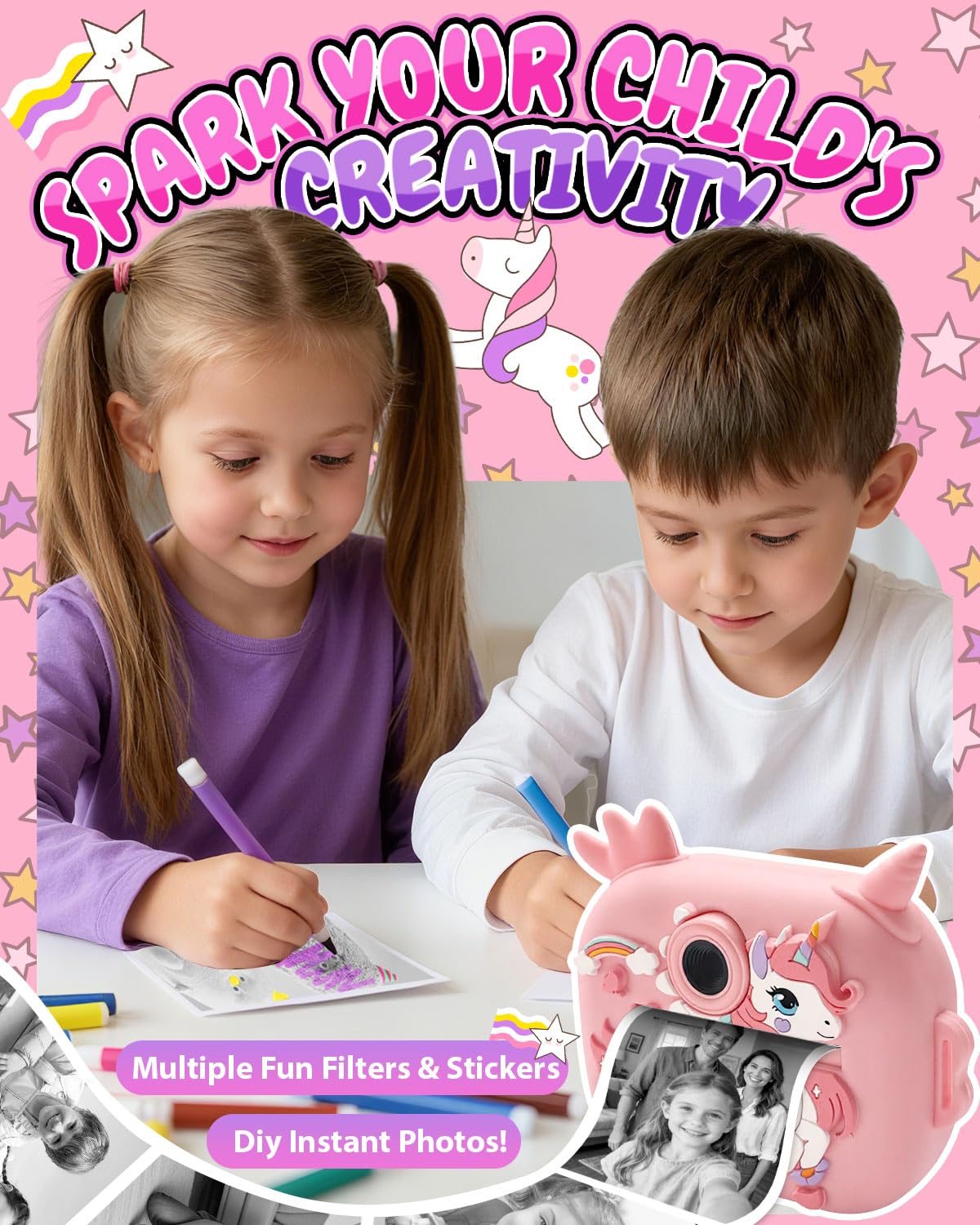 Torlaist Kids Camera with colorful pens for DIY photo customization.