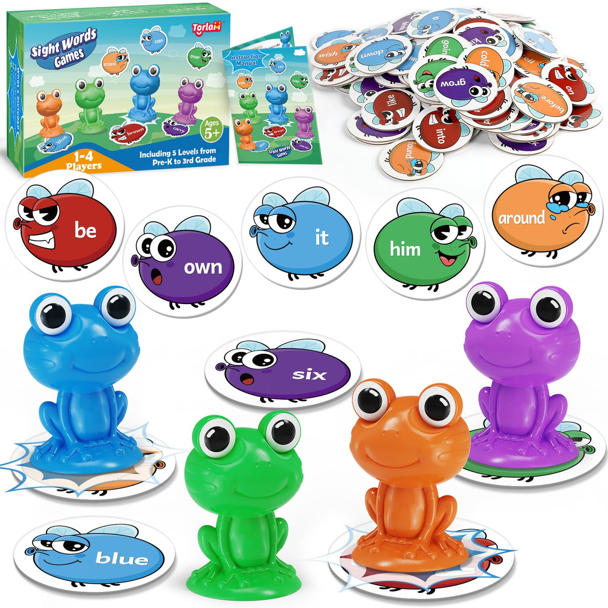 Torlam frog-sight-word cards with suction cups for interactive learning.