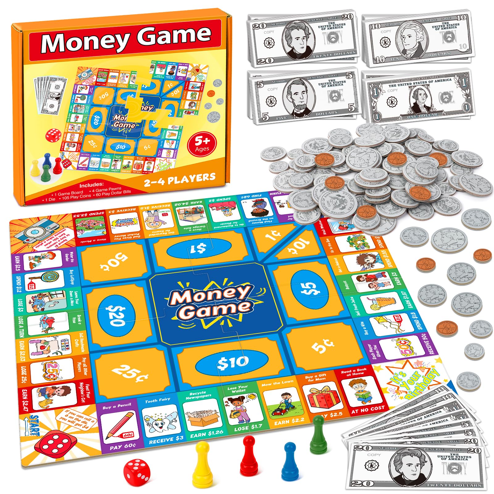 Torlam Money board game setup with coins and dice for hands-on math practice.