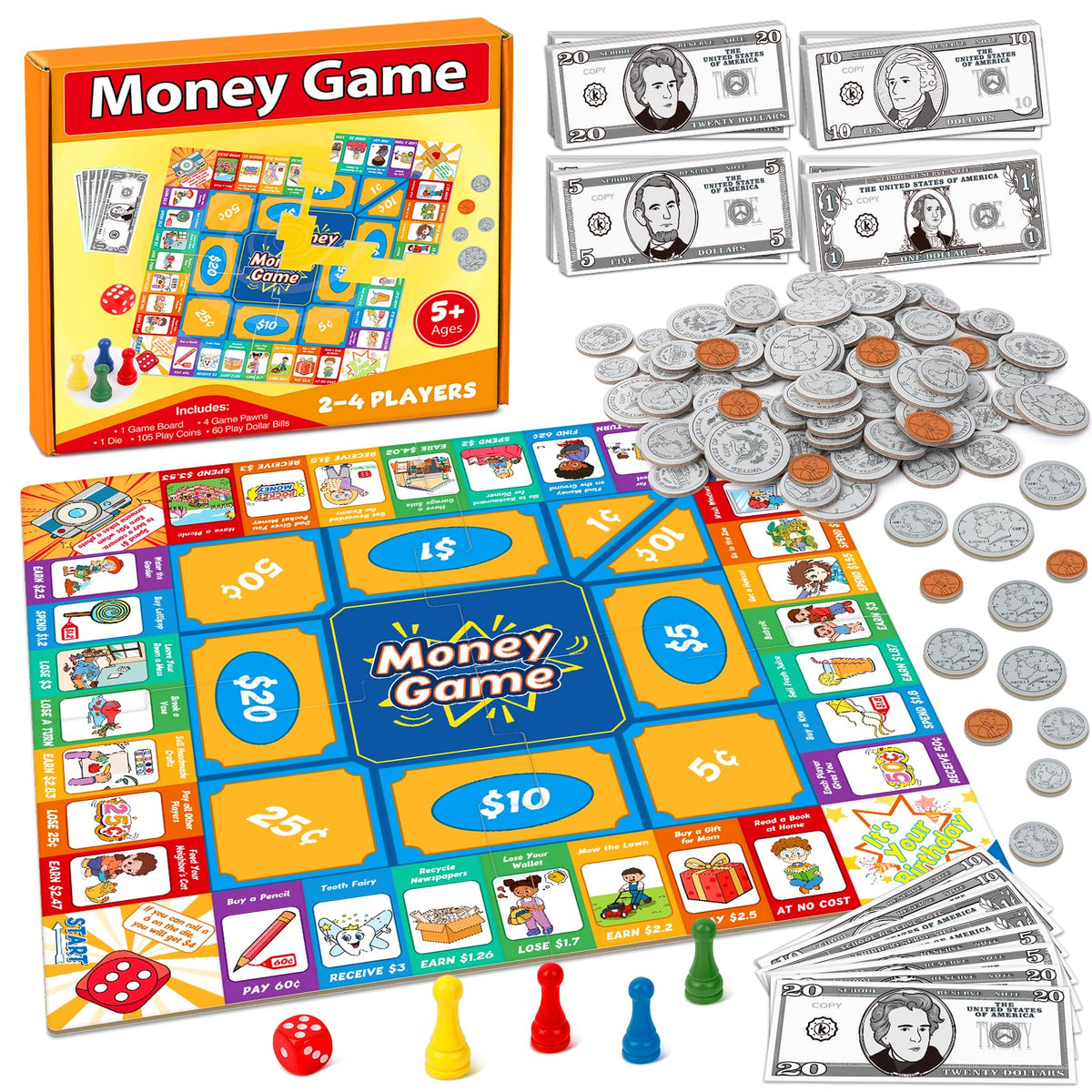 Torlam Money board game setup with coins and dice for hands-on math practice.