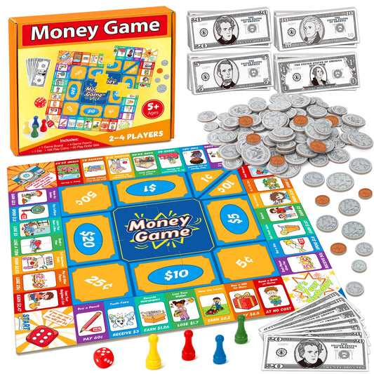 Torlam Money board game setup with coins and dice for hands-on math practice.