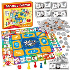 Torlam Money board game setup with coins and dice for hands-on math practice.