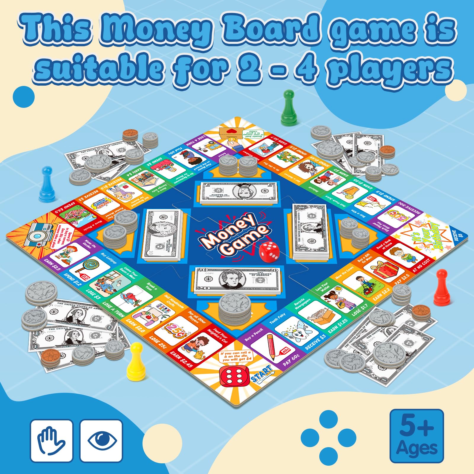 Torlam Money play coins spread across the board for counting and value recognition.