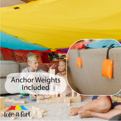 Tote a Fort cleanup solution demonstrates easy storage after playtime.