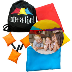 Tote a Fort blanket fort kit in action, helping kids build an epic indoor fort.