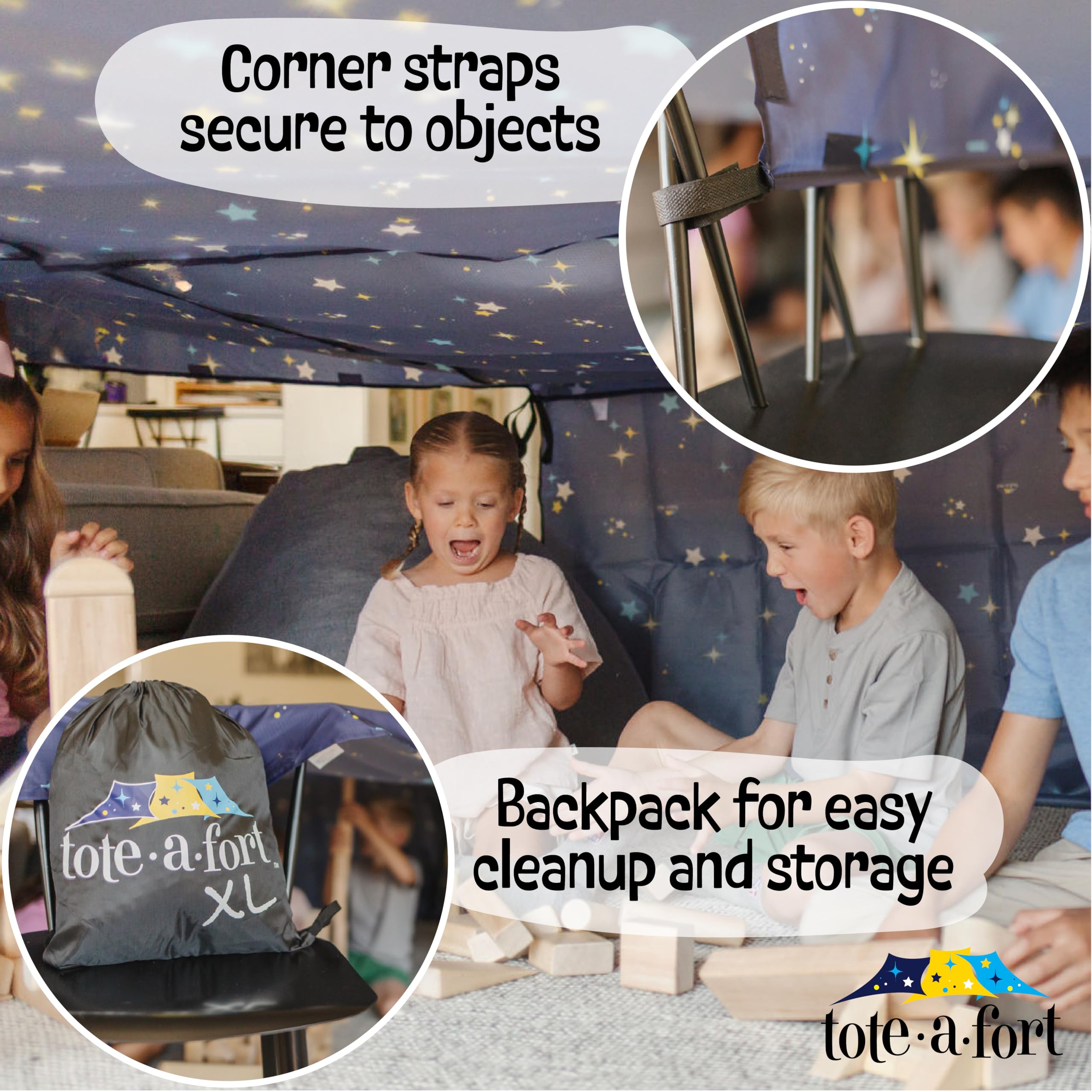 TOTE•A•FORT large fort coverage supports spacious indoor or outdoor play.