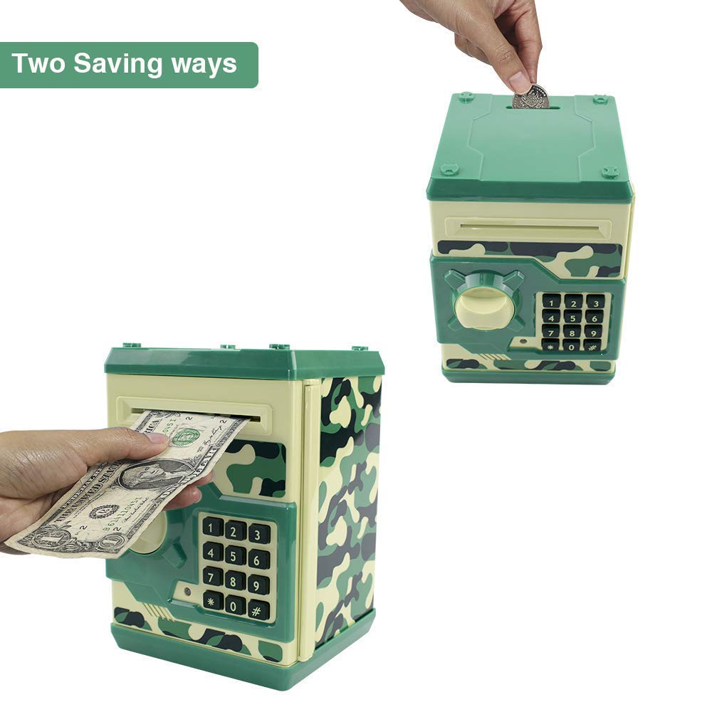 Totola camouflage green piggy bank shows password-protected safe box feature.