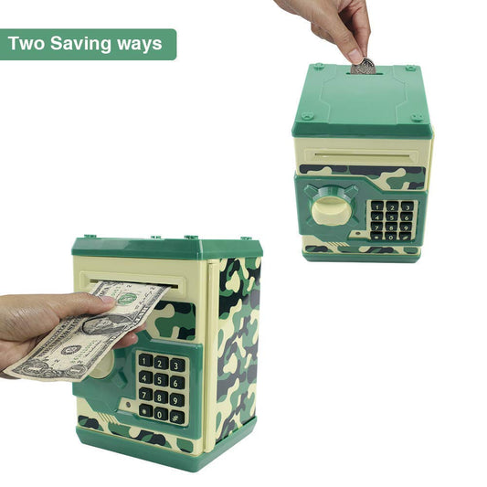 Totola camouflage green piggy bank shows password-protected safe box feature.