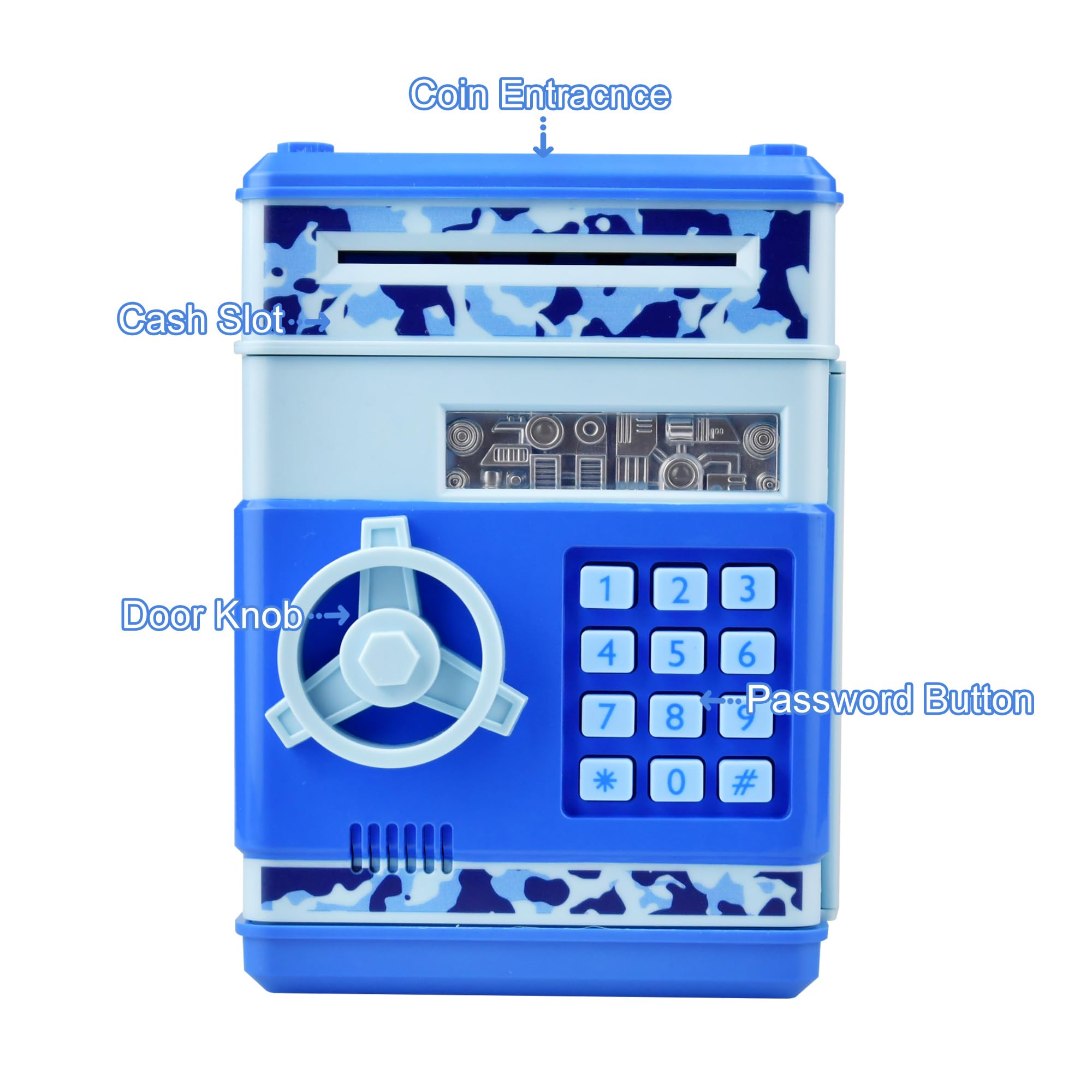 Totola piggy bank mini ATM camo blue battery compartment, easy setup for parents and kids.