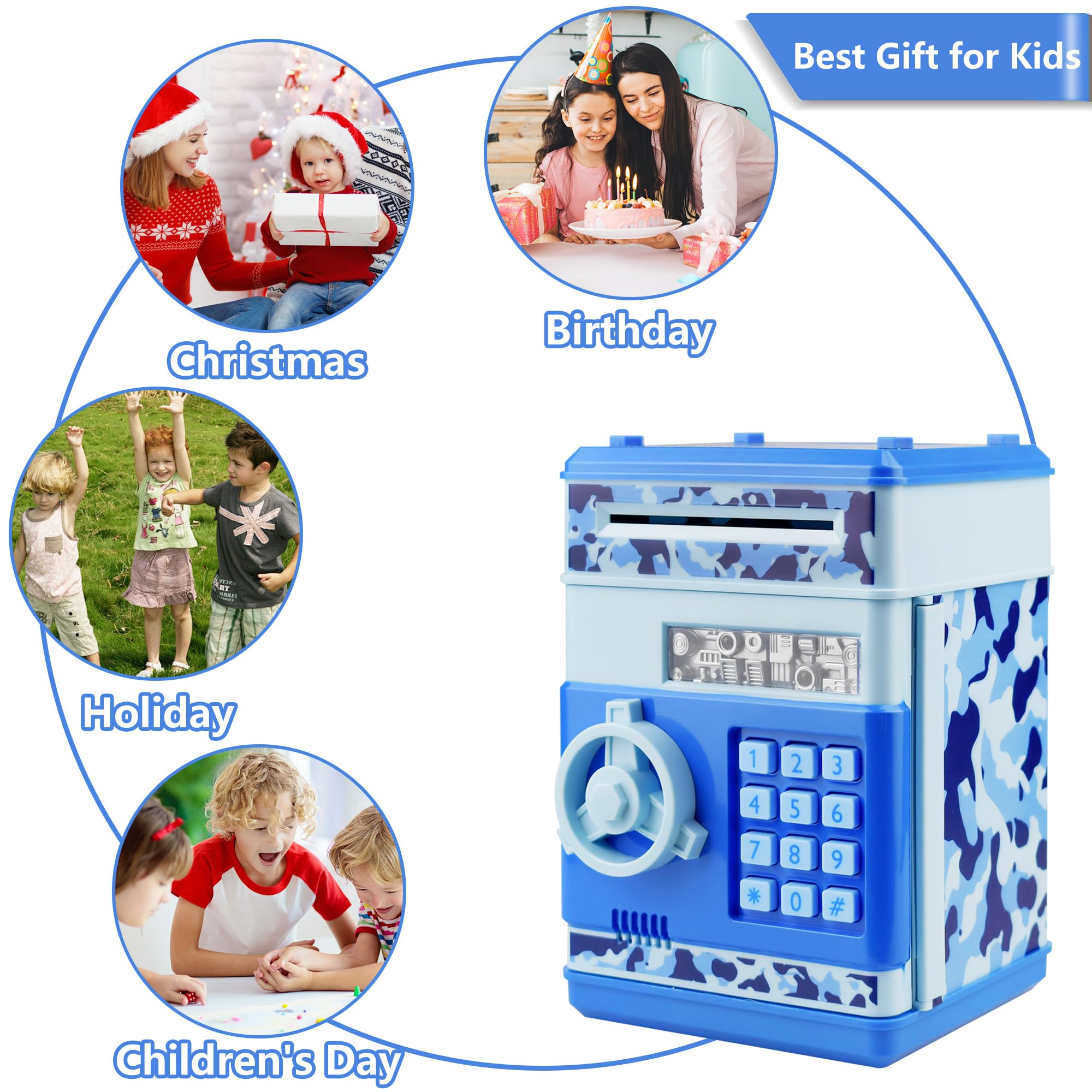 Totola piggy bank mini ATM camo blue educational gift idea for kids.