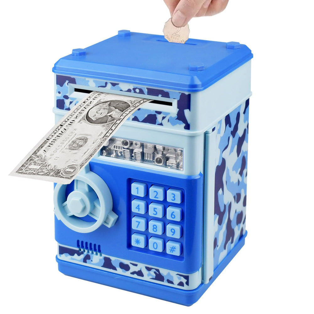 Totola piggy bank mini ATM camo blue front view, ideal to teach kids saving habits.