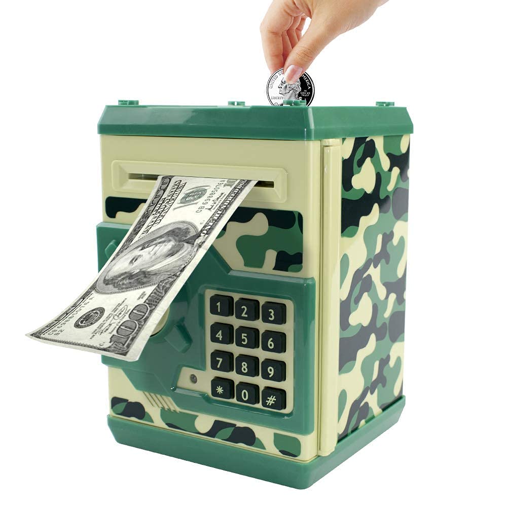 Totola Piggy Bank mini ATM cash inlet in action helps kids learn saving.