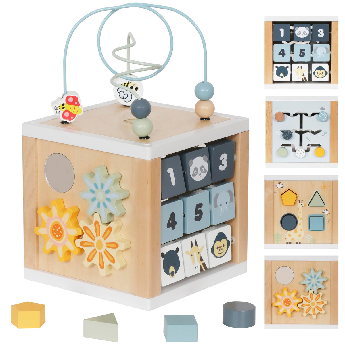 Touch Us wooden activity cube bead maze boosts fine motor exploration.