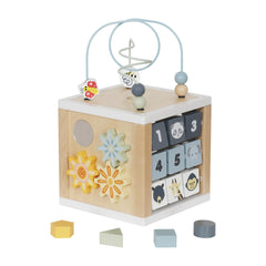 Touch Us wooden activity cube non-toxic finish ensures safe play.