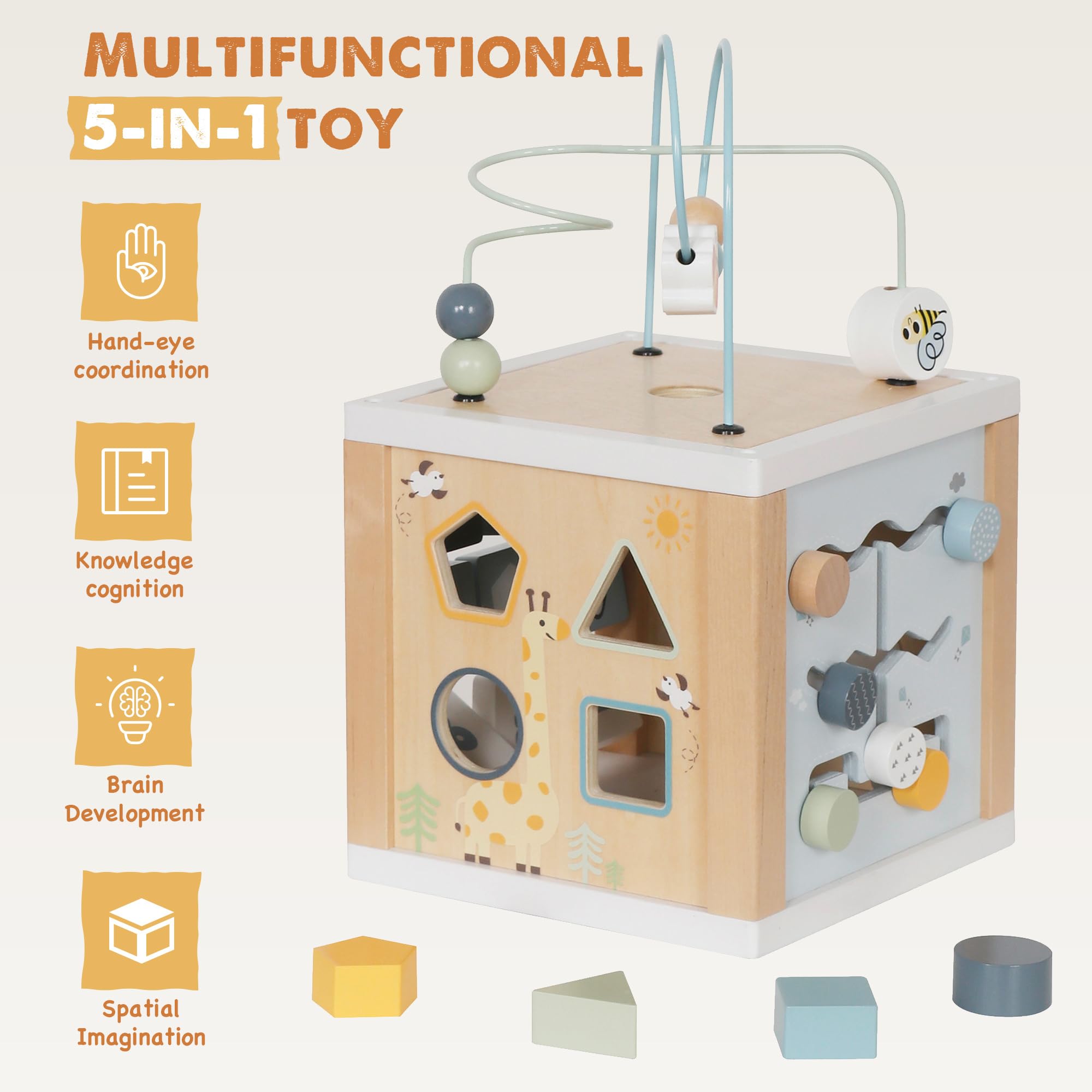 Touch Us wooden activity cube shape sorter supports early cognitive sorting.