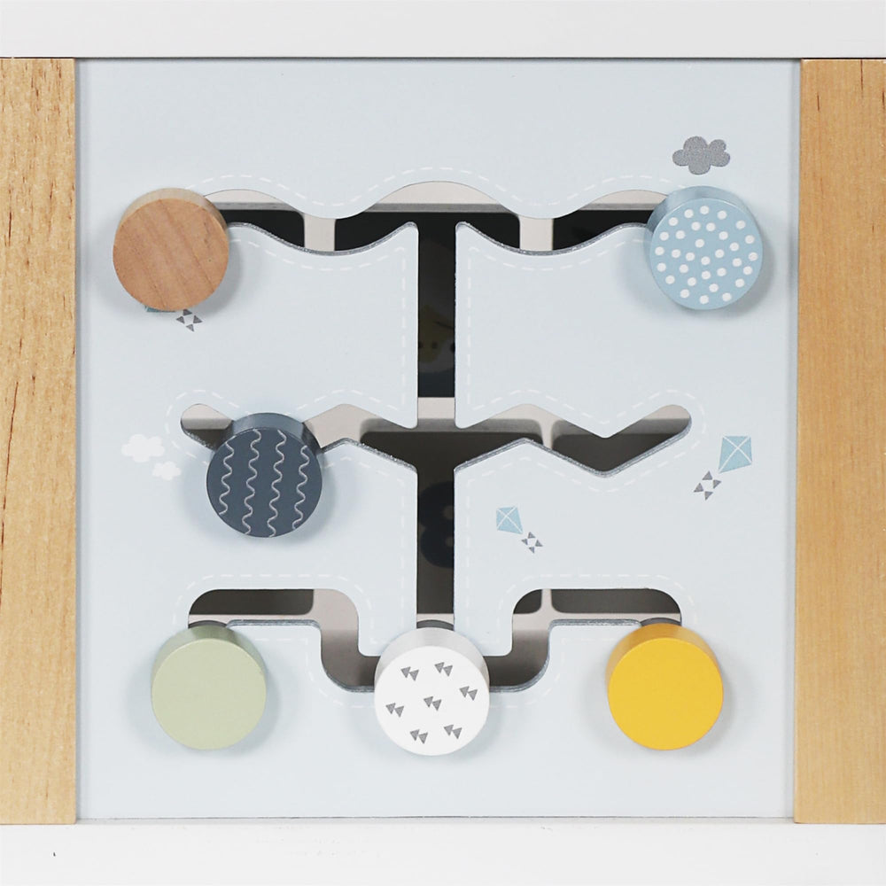 Touch Us wooden activity cube sliding track builds hand-eye coordination.