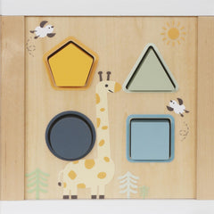 Touch Us wooden activity cube spinning gears demonstrate cause and effect.