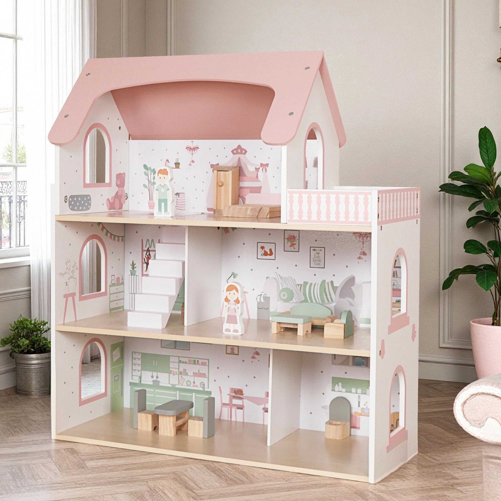 Touch Us wooden pink doll house with balcony for imaginative play sessions