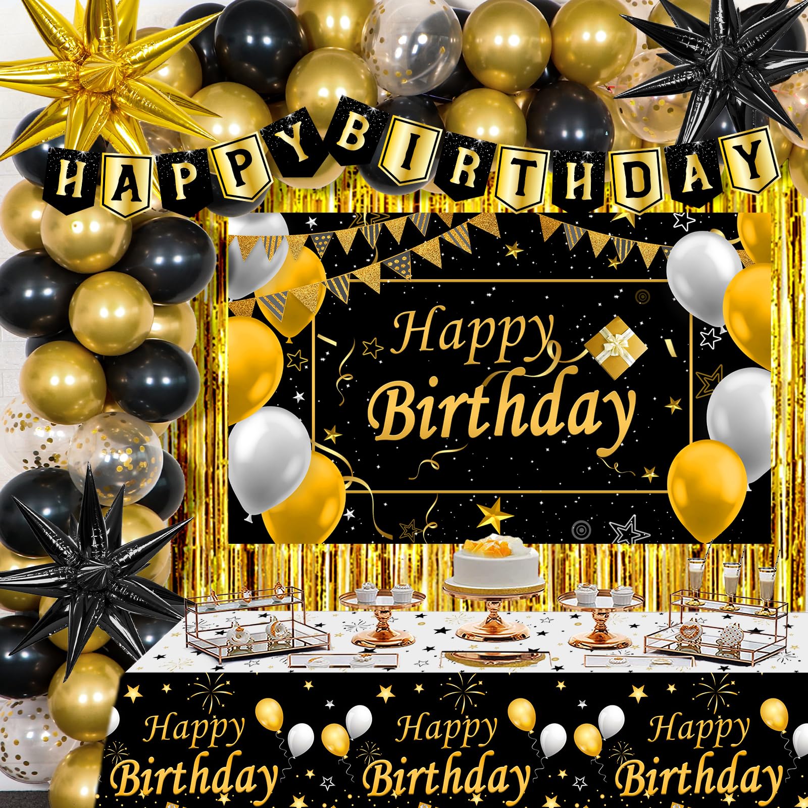 TOUPONS black and gold birthday banner adds an elegant backdrop for photos.