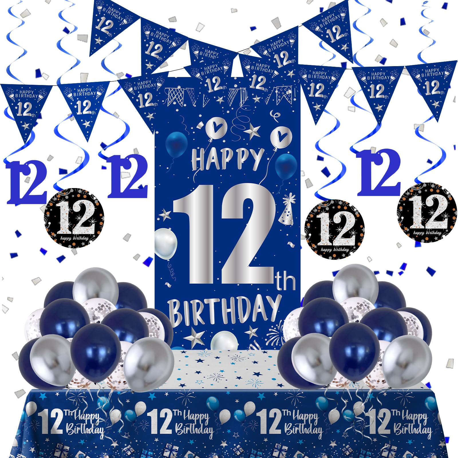 TOUPONS blue-silver 12th birthday door banner stands out and invites guests in.