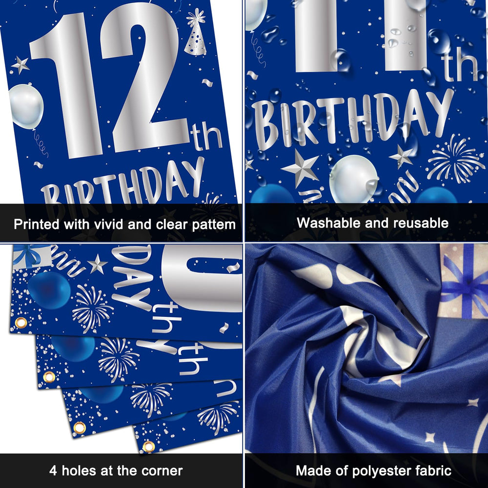 TOUPONS blue-silver happy 12th birthday signs highlight the milestone.