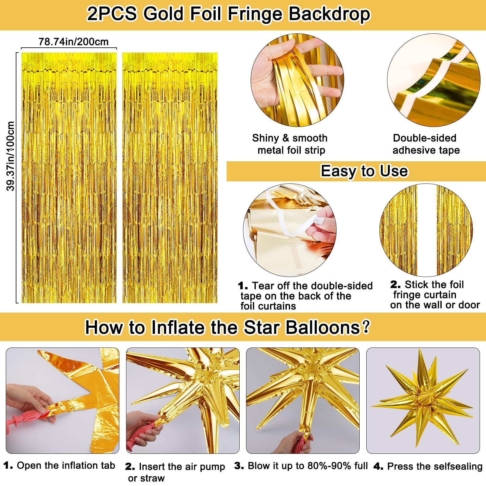 TOUPONS gold foil curtains sparkle under lights for dramatic entry.