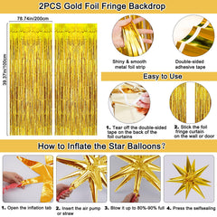 TOUPONS gold foil curtains sparkle under lights for dramatic entry.