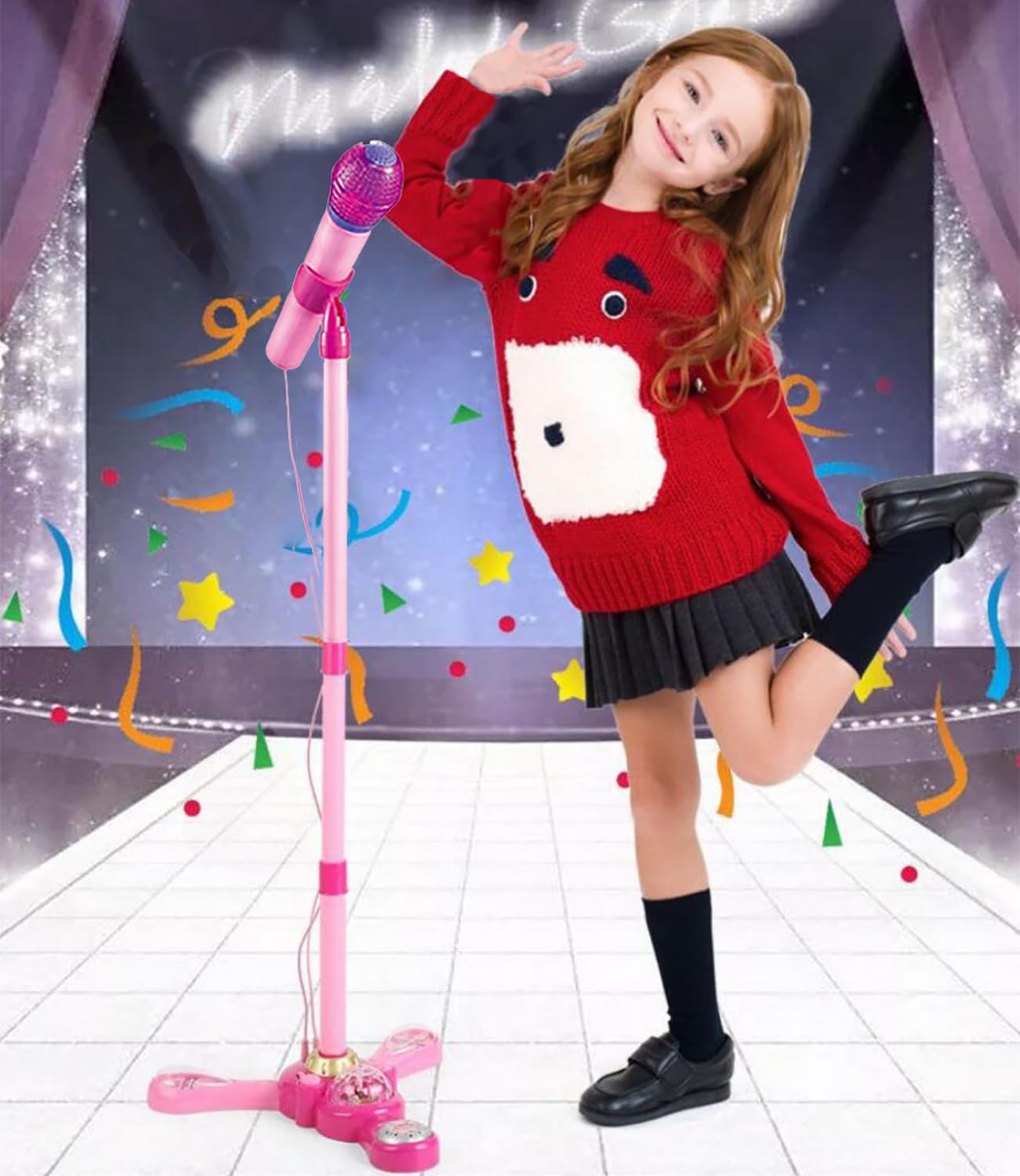 TourKing Kids Karaoke Stand extended, enabling comfortable singing for tall children.