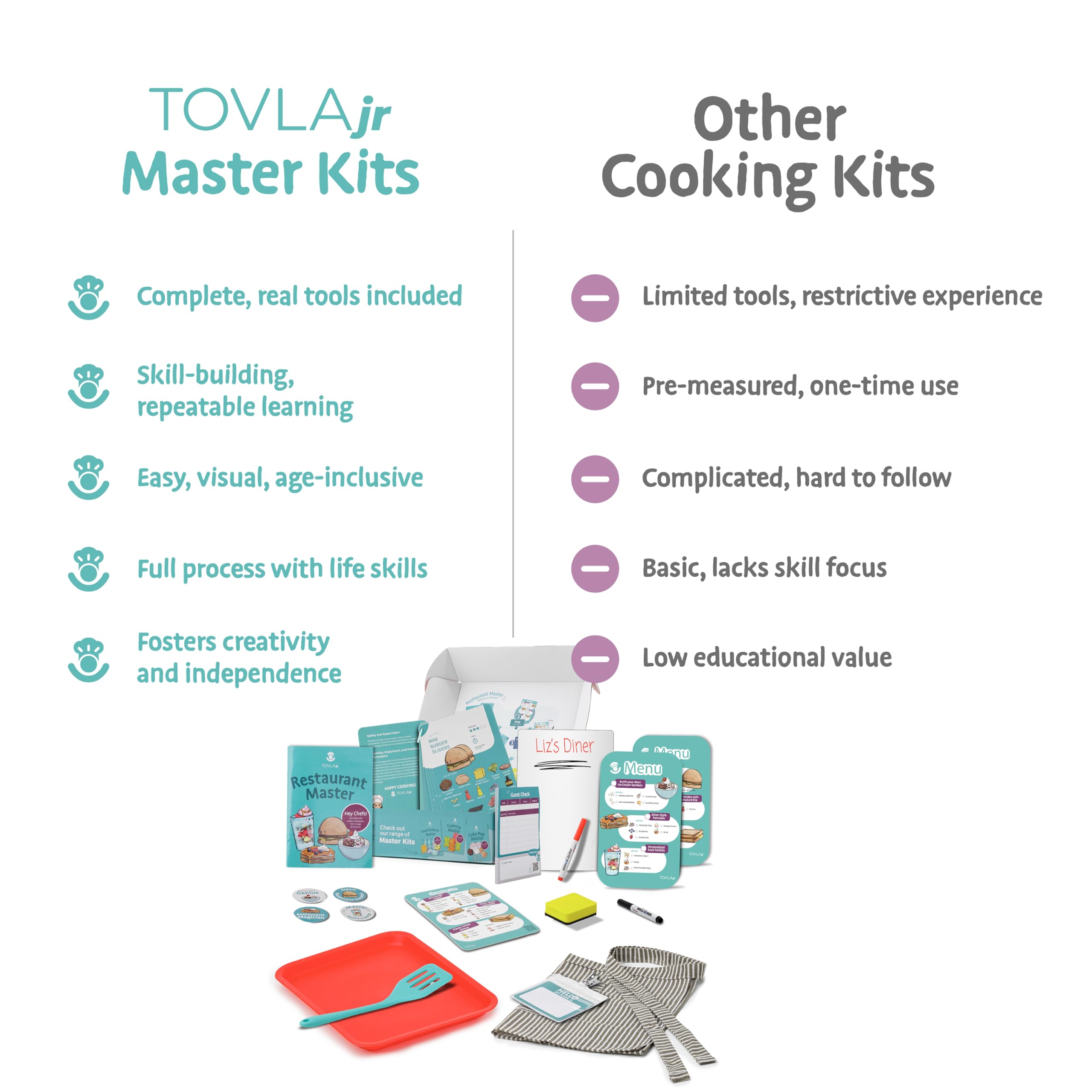 Tovla Jr. kid-sized server apron with ID tag fosters role-play and responsibility.
