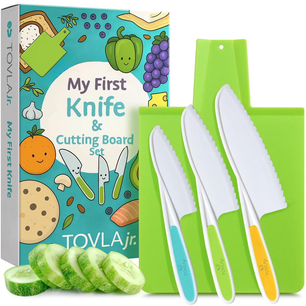 TOVLA JR toddler knife set close-up showing safe blade design for kid-friendly meal prep