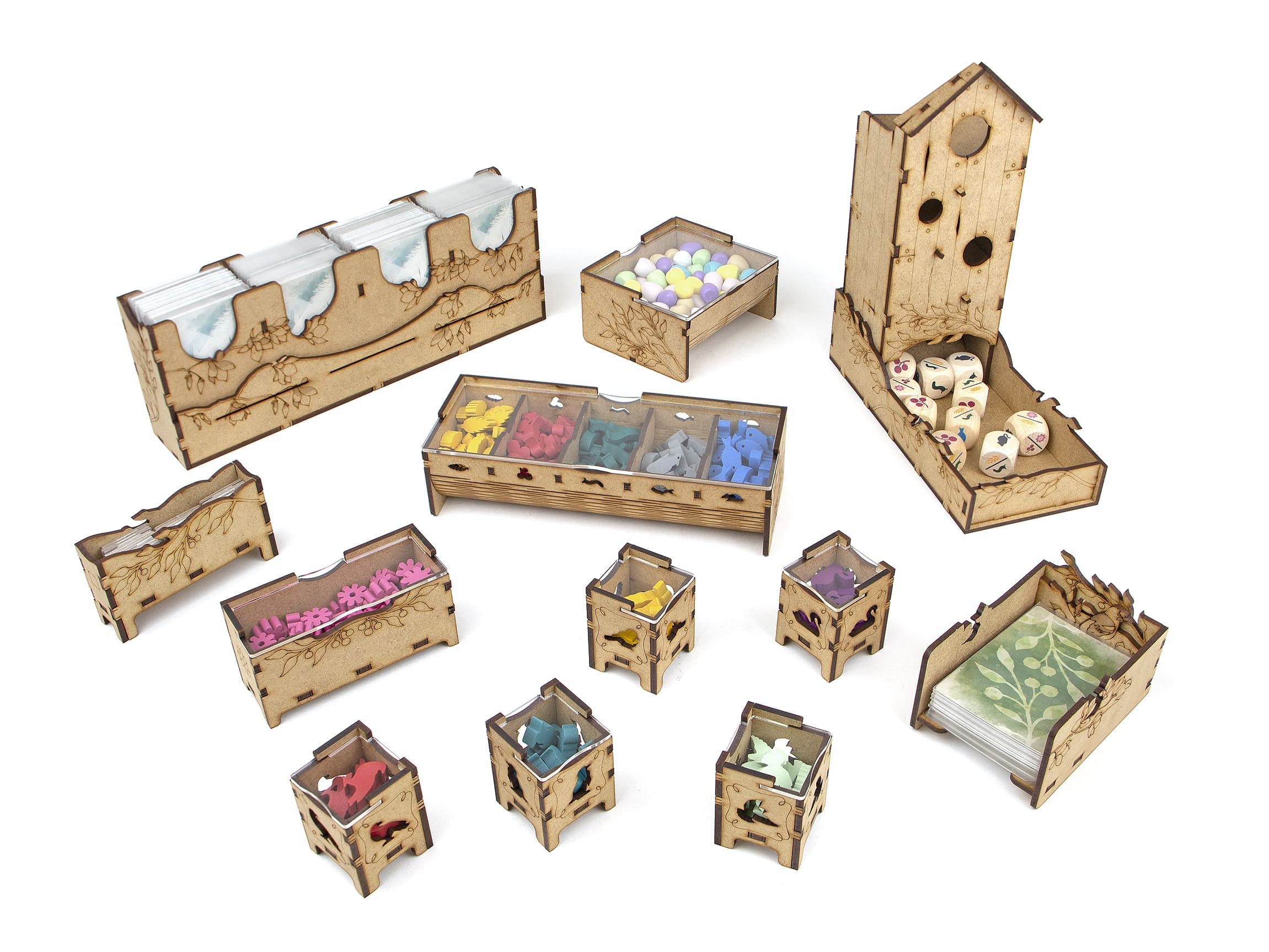 TowerRex Wingspan European Expansion storage showing neatly arranged cards and tiles.