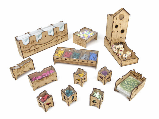 TowerRex Wingspan European Expansion storage showing neatly arranged cards and tiles.
