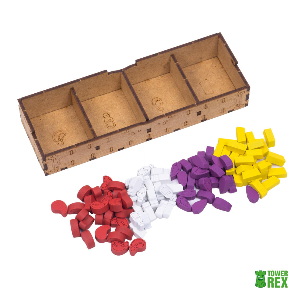 TowerRex Wyrmspan resource tray separates milk, meat, crystals, and gold.