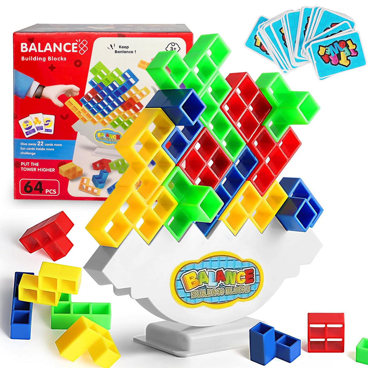 Towingo 64pcs Tetra Tower Game set with vibrant blocks for family play