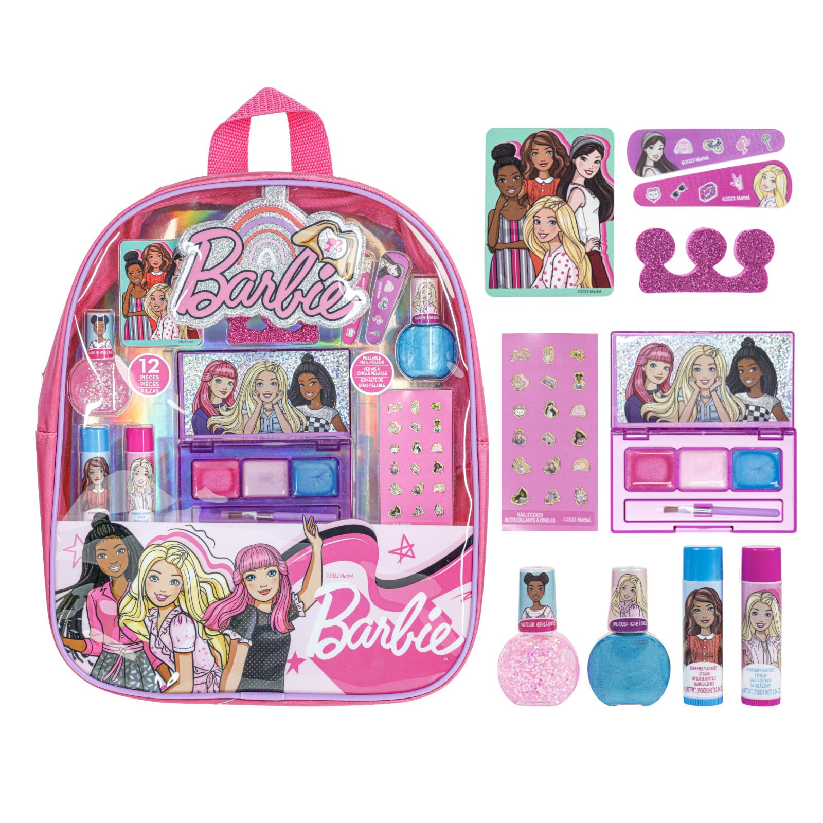 Townley Girl Barbie backpack front view with makeup set, perfect for parties and sleepovers.