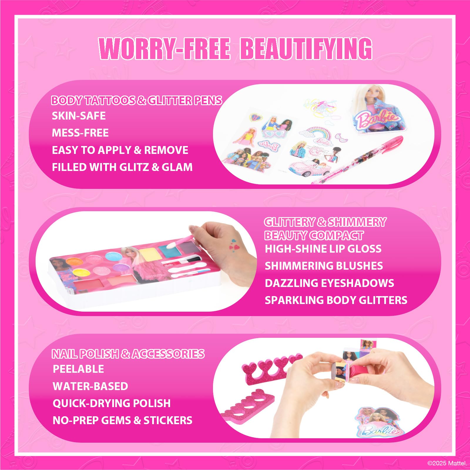 Townley Girl Barbie nail polish quad for colorful pretend manicures.