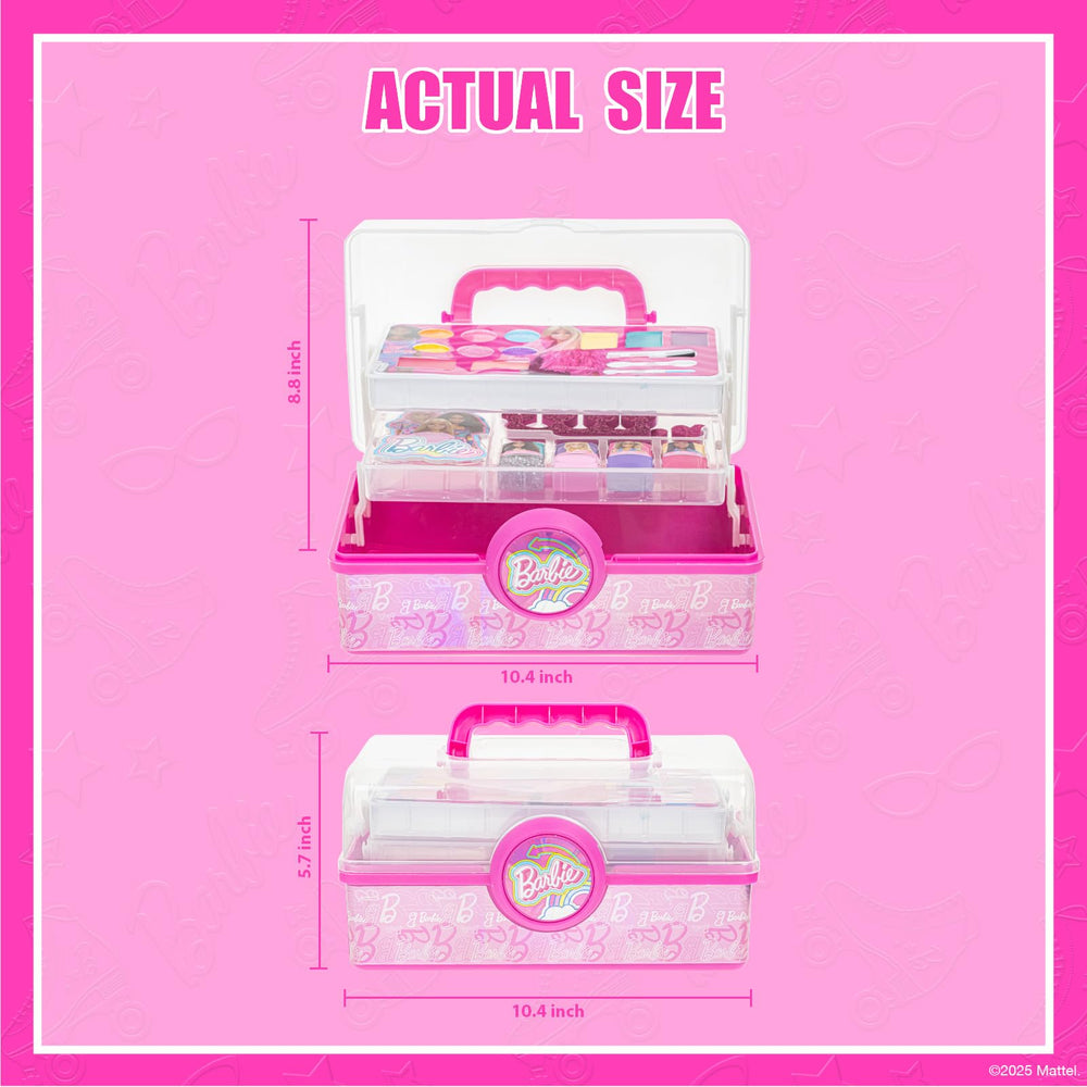 Townley Girl Barbie tackle box open showing organized beauty tools.