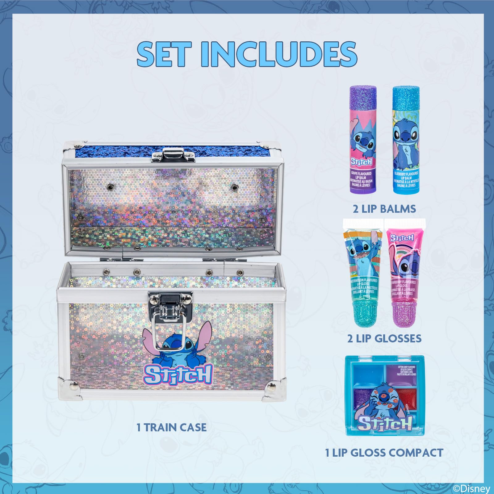 Close-up of Townley Girl Disney Stitch gloss bottle showing kid-friendly formula