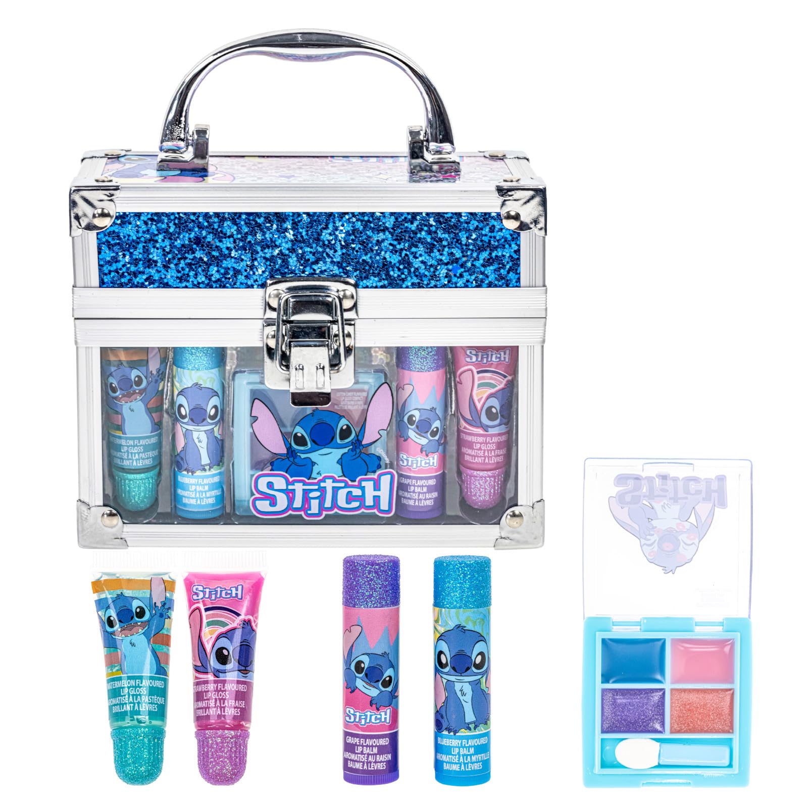 Townley Girl Disney Stitch train case open with lip balms for safe playful makeup
