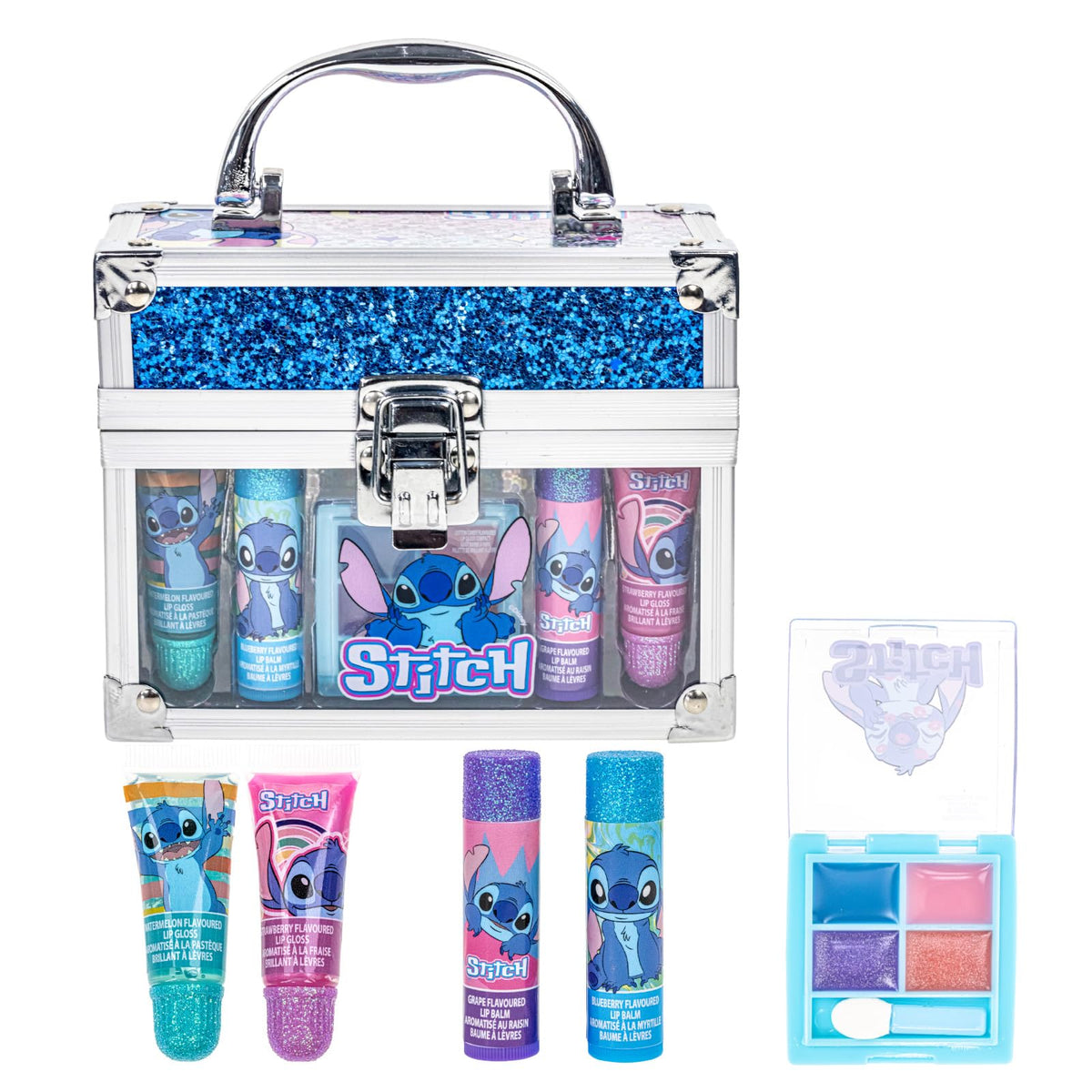 Townley Girl Disney Stitch train case open with lip balms for safe playful makeup