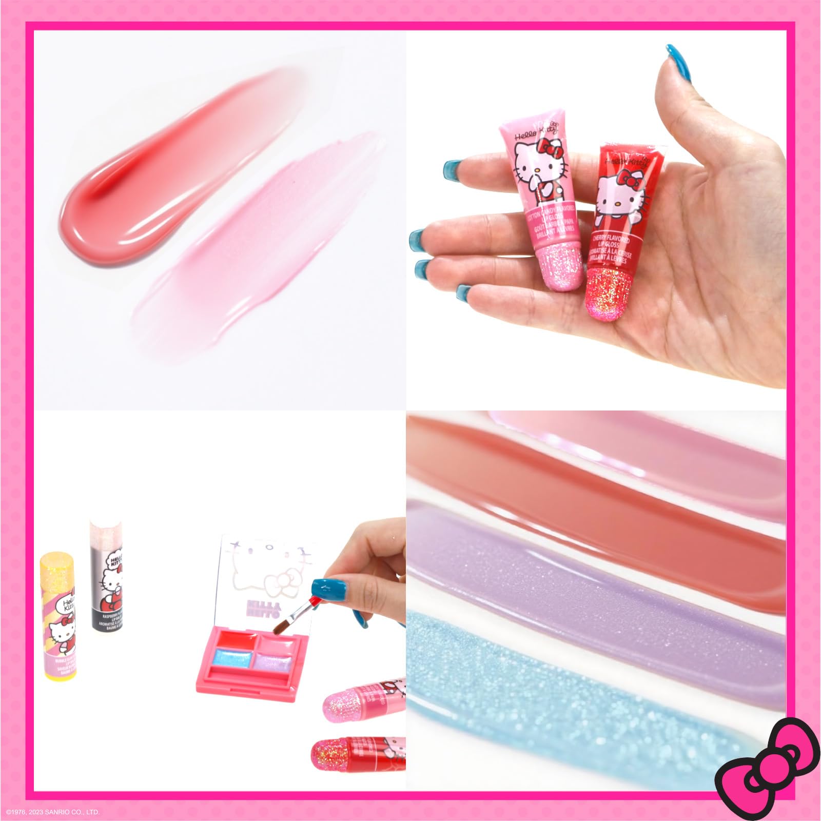 Shimmering Hello Kitty gloss tubes in bright packaging for fun looks.