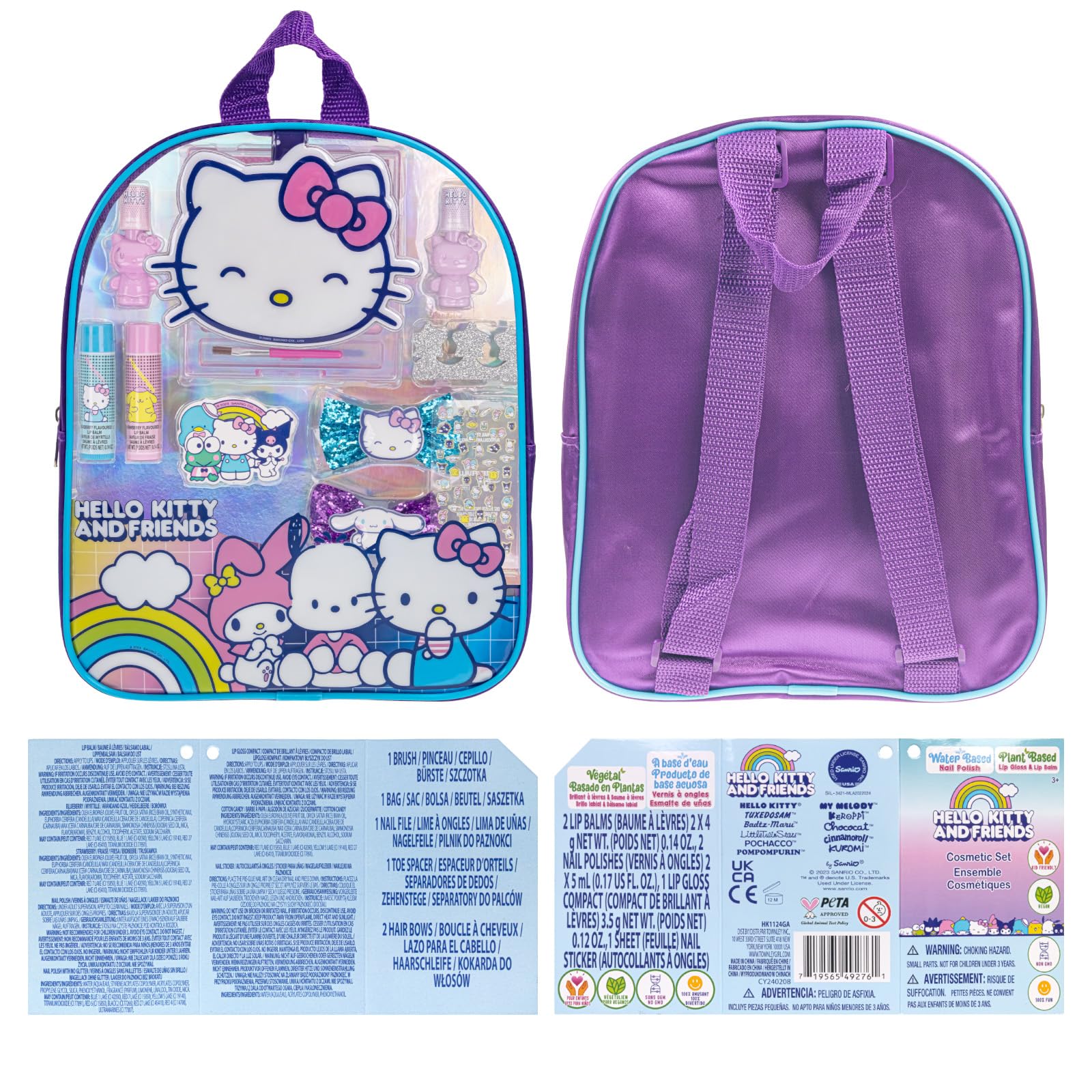 Reusable Hello Kitty backpack filled with makeup items for sleepovers